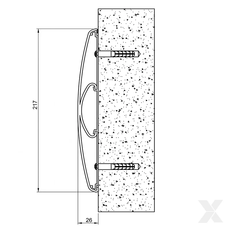 Poprečni presek zaobljenog zidnog odbojnika širine 217 mm sa aluminijumskim profilom i amortizerom