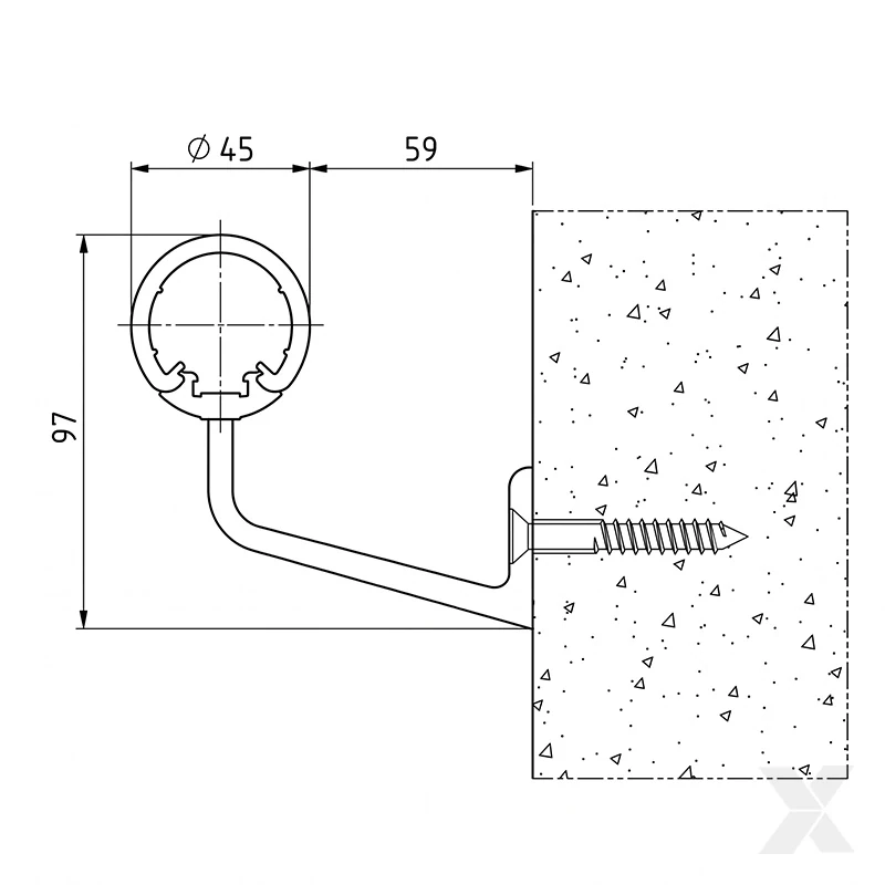 Tehnički crtež Assist rukohvata Ø45 mm sa aluminijumskim zidnim nosačem i dimenzijama
