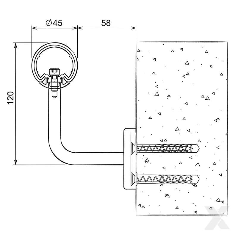 Tehnički crtež Assist rukohvata Ø45 mm sa inox zidnim nosačem i montažnim dimenzijama