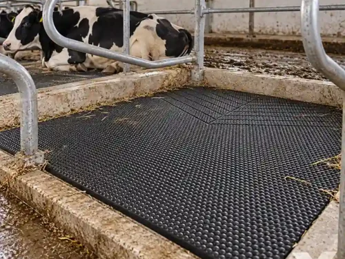 Gumena ležišta za krave Cubicle na betonskom ležištu između metalnih pregrada, sa kravom koja odmara u susednom ležištu.