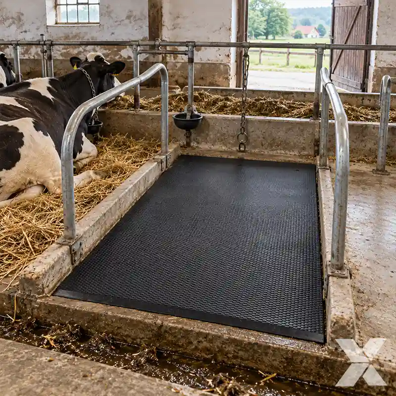 Gumene prostirke za krave na praznom betonskom ležištu između pregrada za krave u vazanom držanju