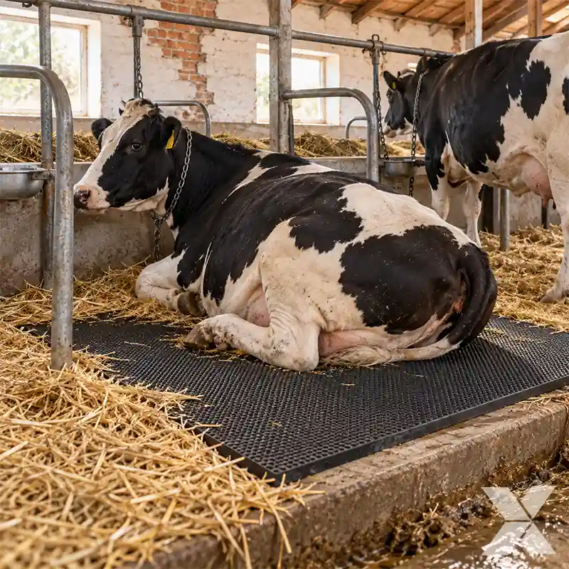 Krava leži na crnoj gumenoj prostirci sa slamom u vezanoj štali.