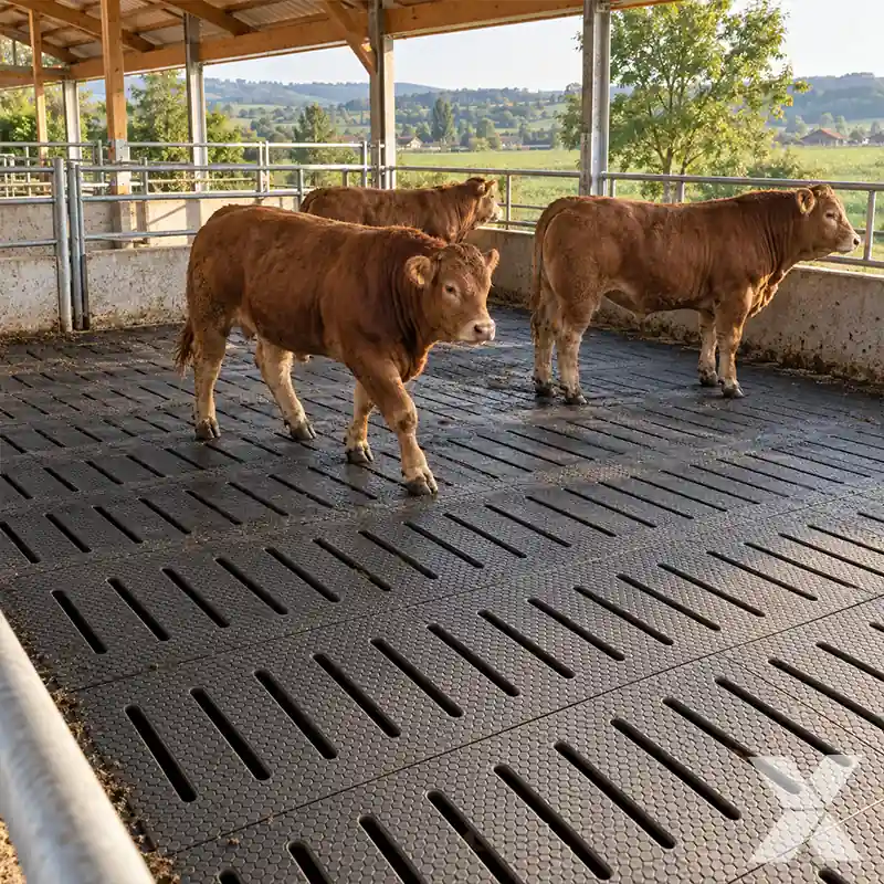 Smeđa junad na crnoj gumenoj oblozi KRP-S sa izduženim prorezima u otvorenom tovilištu.