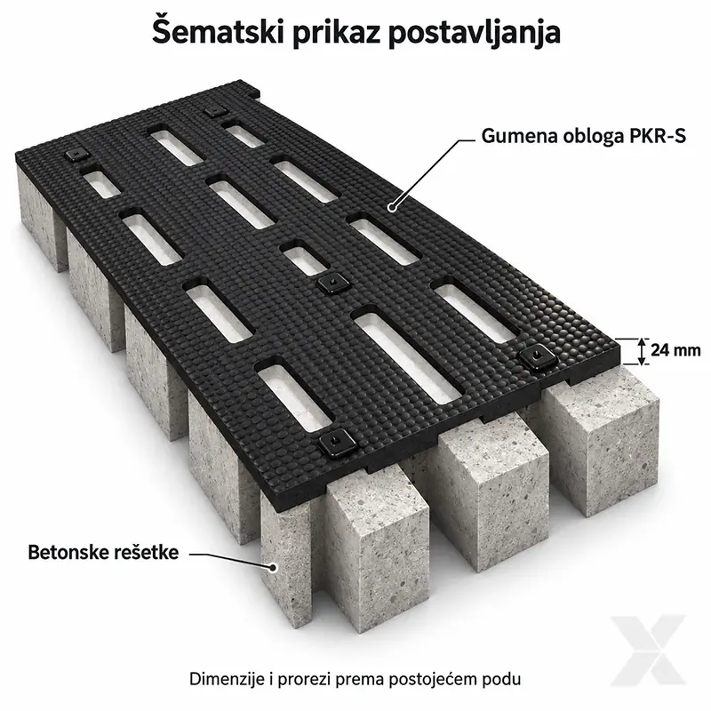 Šematski prikaz gumene obloge KRP-S na betonskim rešetkama sa označenom debljinom od 24 mm.