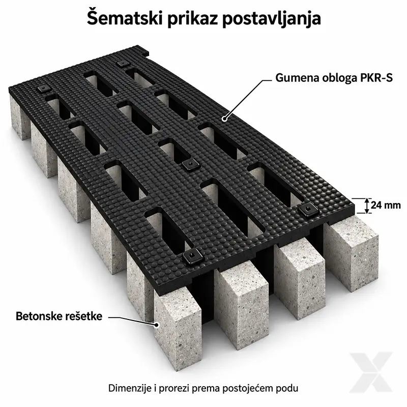 Šematski presek obloge KRP-S debljine 24 mm na betonskim rešetkama, sa otvorenim kanalima ispod proreza.