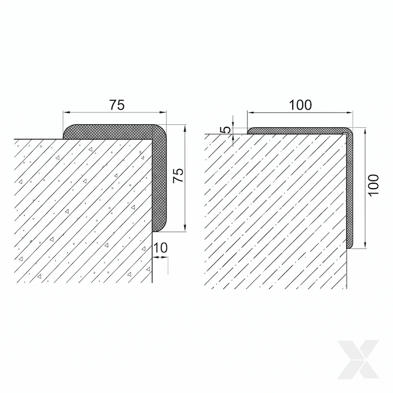 Tehnički preseci Sanora ugaonih profila 75 × 75 mm debljine 10 mm i 100 × 100 mm debljine 5 mm