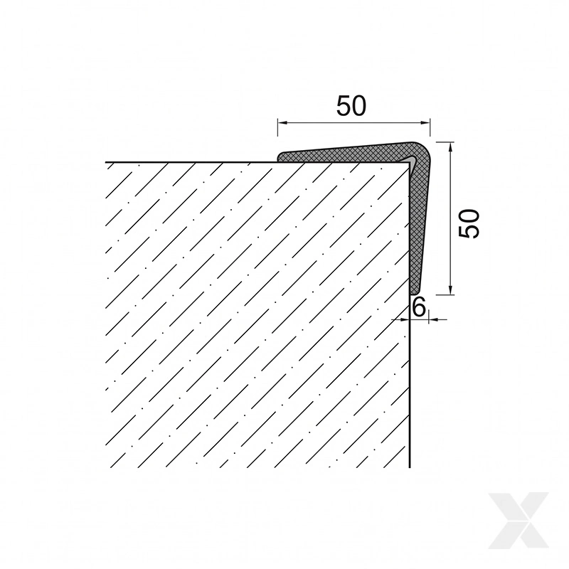 Tehnički presek Teris ugaonog profila na zidu sa kotama 50 × 50 mm i 6 mm