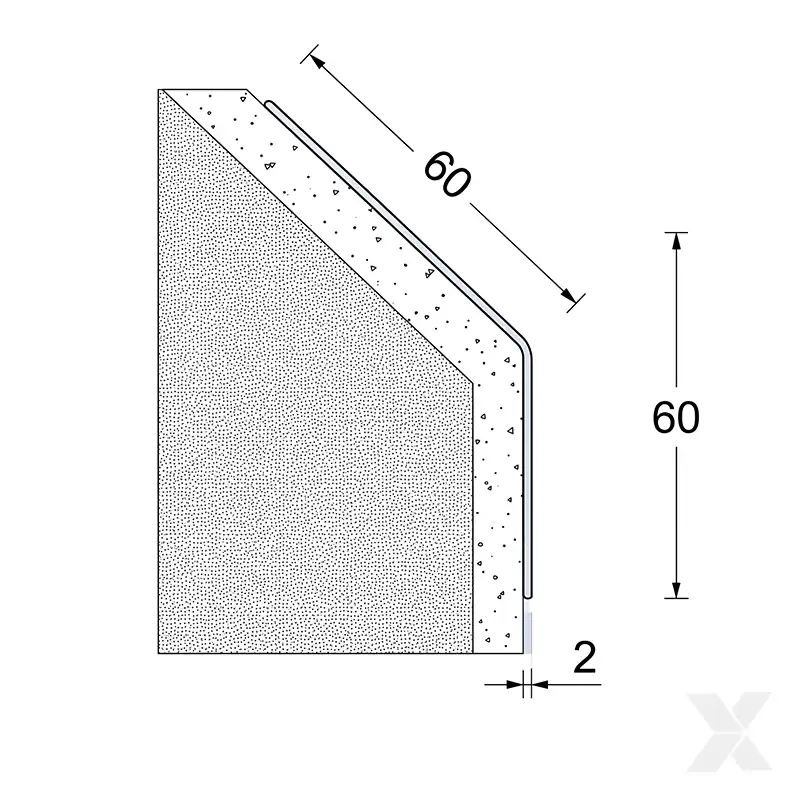 Crtež dimenzija profila Verso UZ60A na zidnom uglu — krakovi 60 × 60 mm i debljina 2 mm.